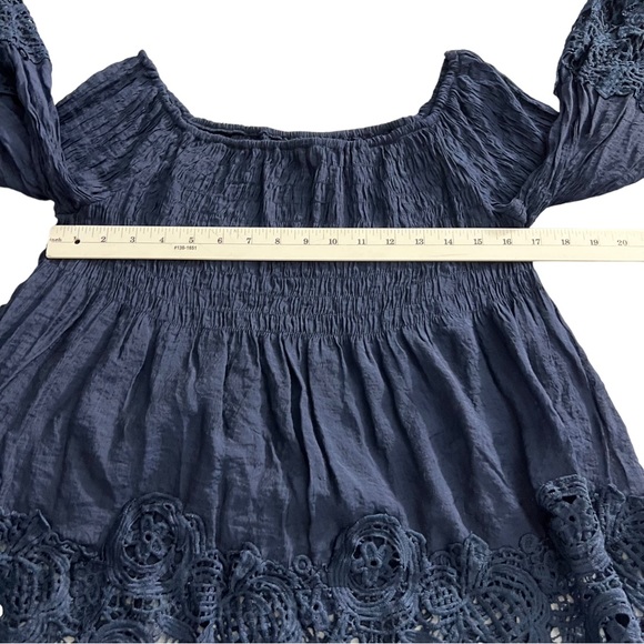 Casting |  Women’s Crochet Trim Smocked Off-The-Shoulder Top Color: Navy - Picture 14 of 17